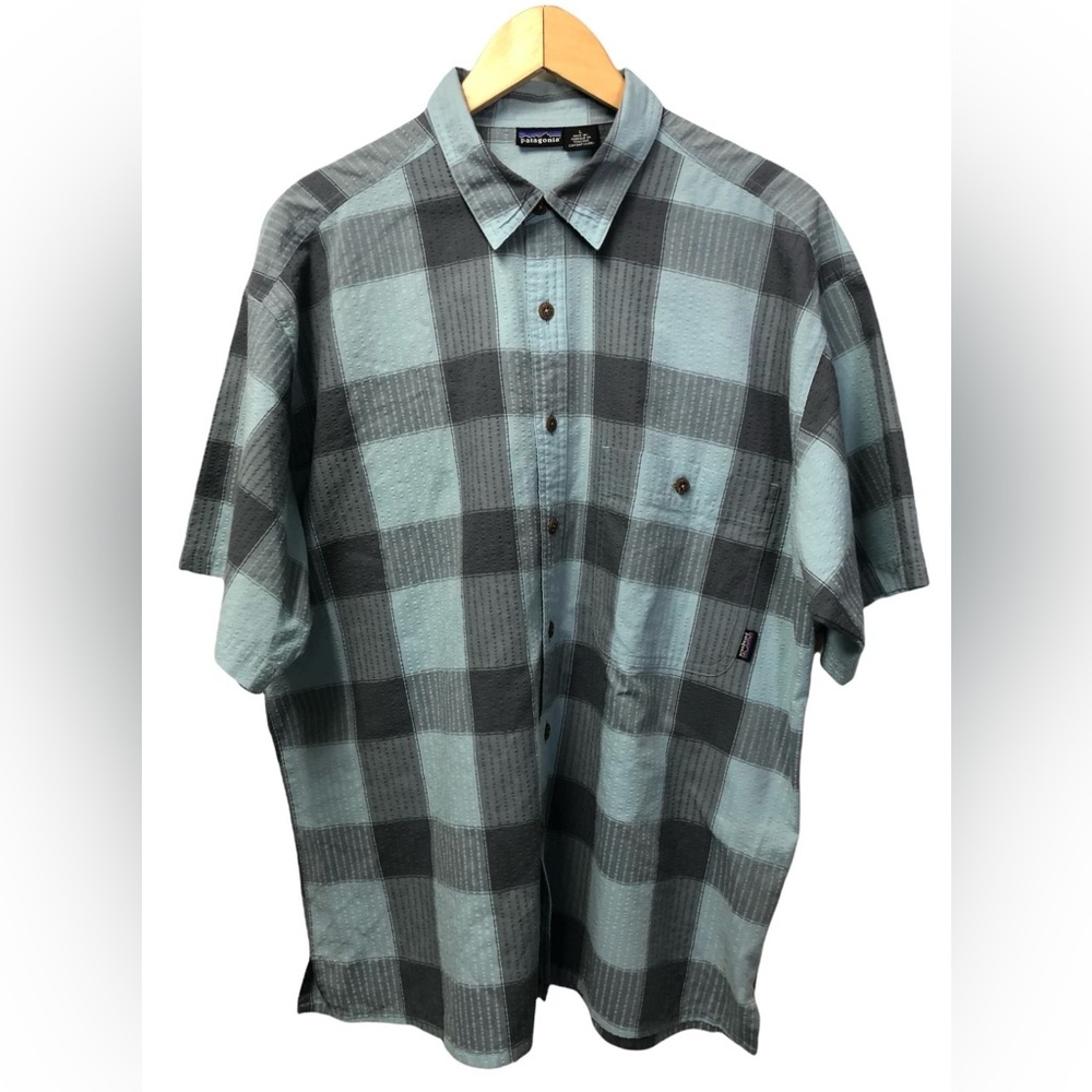 Patagonia Men's Teal and Charcoal Plaid Shirt